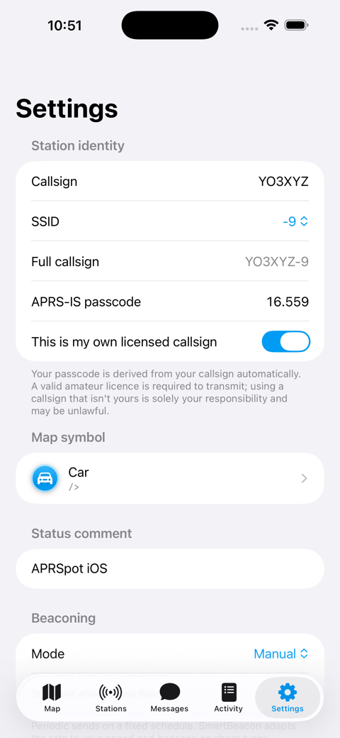 Settings and beacon modes